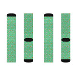 Green Floral Cat Sublimation Crew Socks — Cute Tiny Flowers, Fleece-Lined Mid‑Calf