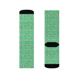 Green Floral Cat Sublimation Crew Socks — Cute Tiny Flowers, Fleece-Lined Mid‑Calf