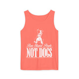 Coral tank top with white graphic and text on a white background