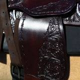 Schneiders Double S Open Range Saddle | Beautiful Floral Tooling | Lightweight Fiberglass Tree | Padded Seat | Silver-Plated Details | Semi Bar | Color Dark Oil | Size 15"