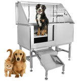 50" Pet Dog Grooming Bathing Station, Professional Stainless Steel Dog Grooming Tub w/Removable Ramp, Storage Drawer, Floor Grate, Stairs Faucet, Dog Bathtab for Large, Medium & Small Pets, Left Door