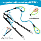 XiaZ Double Dog Leash for Two Dogs, No Tangle with 360° Swivel & 4 Comfortable Handles, Heavy Duty Dual Dog Leash with Highly Reflective Rope, Adjustable Split Leash for Small Medium Dogs, 3/8”Blue