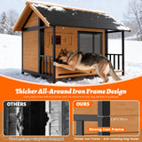BuddyManor 51'' Dog House with Dog Bowls Stand, Large Outdoor Dog House Kennel with Weatherproof Roof, Easy to Install Anti-Bite Design Dog Home for Outside Small Medium Large Dogs(Brown)