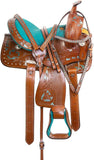 LEATHERRIDE Western Leather Barrel Saddle Floral Embossed Tooled Trail Rodeo Horse Saddle with Matching Headstall, Reins and Breast Collar (14inch)
