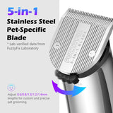 FuzzyFix Professional Dog Grooming Clippers with Charging Dock, 5-in-1 Adjustable Blade Cordless Pet Grooming Kit 5 Speed Rechargeable Trimmer Hair Shaver with Detachable Metal Guide Combs for Animal