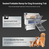 POLIMO Dog Washing Station with Built-in Pet Dryer and LED Display 61" (Right Ramp), 304 Stainless Steel Dog Bathtub for Large Medium Small Dogs, Wash and Dry Grooming Tub with Faucet, Storage Drawer