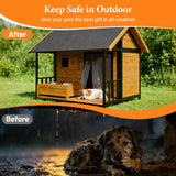 HomeSheek Dog House with Dog Bowls Stand, Large Outdoor Dog House Kennel, Easy to Install, Design with Weatherproof Roof and All-Around Iron Frame for Outside Small Medium Large Breed Dogs(Brown)