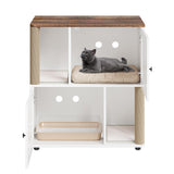 Double Layer Cat Litter Box Enclosure for 2 Cats, Hidden Litter Box Furniture with Cat Scratching Post and Board, 2 Story Wooden Cats Washroom or Bed, Pet House End Table for Living Room Balcony