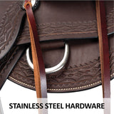 Double S Oiled Trail Saddle | Size 15 | Beautifully Hand Tooled | Generously Padded Seat | Lightweight & Maintenance Free | Stainless Steel Hardware | Saddle Bag Compatible |