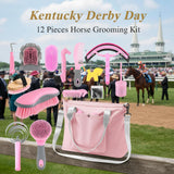 Abbylike 15 Pieces Horse Grooming Kit with Organizer Tote Bag Tack Room Supplies Horse Brush Sets Care Equine Cleaning Kit Shedding Grooming Massaging Tools(Pink and Grey)