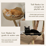 UYMI Modern Cat Tree for Indoor Cats Large Adult, 71" Tall Cat Tower with Solid Wood Scratching Posts, Swing Hammock, Large Platform & Cat Condo, 2 Woven Basket, Boho Luxury Pet Furniture, Brown