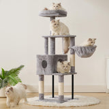 Heybly Cat Tree, 49.2 Inches Cat Tower for Indoor Cats, Spacious Cat House Condo with Hidden Space，Sturdy Steel Tube，Soft Plush Top Perch，Cozy Hammock and Sisal Scratching Posts, Light Gray HCT200SW