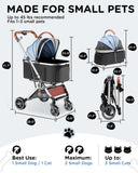 GTPLAYER Pet Stroller for Small Dogs & Cats, 3-in-1 Foldable Pet Stroller with Detachable Carrier, 360° Swivel Front Wheels & Rear Brakes, Up to 45 lbs, Light Blue