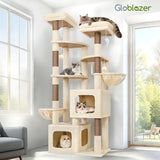 Globlazer 74In Sturdy Cat Tree for Large Cats, Heavy Duty Multi-Level Tall Cat Tree Tower for Multiple Indoor Adult Cats with Scratching Posts, 2 Cat Condos, 2 Top Perches, S74E, Beige