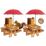 MIXXIDEA Squirrel Feeder Picnic Table with Tall Umbrella Set of 2, Wooden Squirrel Feeders for Outside, Cute Chipmunk Feeder with Corn Cob Holder, Solid Structure, Thick Wood (Rustic Brown 2pk)