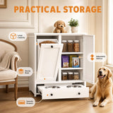 Dog Feeding Station Cabinet with Storage, Metal Pet Feeding Station with Storage, Tilt-Out Dog Food Storage Cabinet with 2 Stainless Steel Bowls, Hidden Feeding Station for Dogs & Cats, White