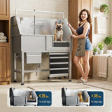 RDCMKL 46" Dog Washing Station, Leak-Proof 304 Stainless Steel Dog Bathtub with Non-Slip Removable Left Ramp & Storage Drawer, Elevated Pet Wash Station for Large Dogs, Garage & Outdoor Use