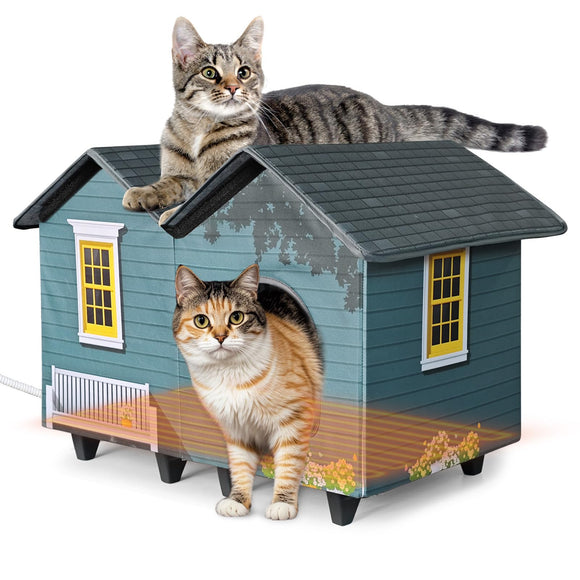 Two cats interacting with a blue cat house on a white background
