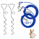 Relux Dog Tie Out Cable and Stake,16 Inch Heavy Duty Dog Anchor Spiral Stake for Small to Medium Dogs (Blue-16FT 2Pack)