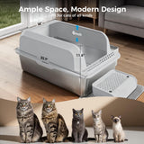 GTPLAYER Stainless Steel Cat Litter Box XL - Extra Large High-Sided Open-Top Metal Litter Box for Large & Multi-Cat Homes, Splash Guard, Low Entry, Easy Clean 304 Steel with Step, Mat & Scoop, White