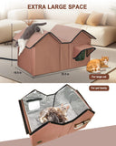 Extra Large Heated Cat House for Outside, Elevated Waterproof Outdoor Cat House Weatherproof for Winter, Insulated Outdoor Cat Shelter with Escape Doors and Heating Pad for Multiple Cats, Brown