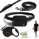 Retractable Hands Free Dog Leash with Zipper Storage Pouch - 3-Piece Bungee Running, Walking & Hiking Leash with Waist Belt - Release Clip, One Button Lock - Reflective Stitching for Medium Large Dogs