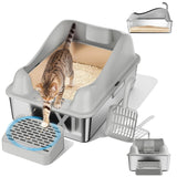 GTPLAYER Stainless Steel Litter Box for Big & Multiple Cats, Easy Clean Odor-Resistant Design, High Sided Leak-Proof Litter Box with Mat & Scoop – Grey 1 Pack
