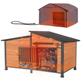 GUTINNEEN Extra Large 60" Heated Dog House Outdoor Insulated Dog Kennel with Safe Heated Pad, Chew-Proof Metal Frame and Rotating Food Bowl for Large Dog Breeds, 60" L x 36" W x35.4 H (Brown)