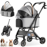 GTPLAYER Pet Stroller for Small Dogs & Cats, 3-in-1 Foldable Pet Stroller with Detachable Carrier, 360° Swivel Front Wheels & Rear Brakes, Up to 45 lbs, Grey