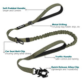 PetBonus Heavy Duty Tactical Dog Leash, 5 FT Bungee Shock Absorption Leash with 2 Padded Handles, Quick Release Metal Clip, Car Seatbelt, No Pull Training Lead for Large Medium Dogs（Army Green）
