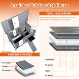 BRIOPAWS Dual Insulated Outdoor Cat House | Weatherproof | Feral Cat Shelter for Winter | Escape Door | Foldable Ramp | Large Wooden Pet Houses for Multiple Cats | Grey