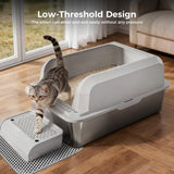 GTPLAYER Stainless Steel Cat Litter Box XL - Extra Large High-Sided Open-Top Metal Litter Box for Large & Multi-Cat Homes, Splash Guard, Low Entry, Easy Clean 304 Steel with Step, Mat & Scoop, White