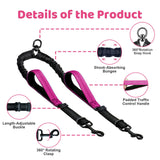 LEOSASA Double Dog Leash - No Tangle Splitter for Two Dogs, Coupler with Adjustable Long Lead Rope, Dual Control Handles, Retractable No Pull Bungee, Walk Train Small Medium Large 2 Pets (Fuchsia)