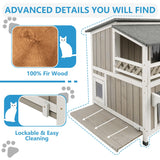 Gowoodhut Feral Cat Shelter Outdoor Weatherproof Houses for Cats Two Story Wooden Cat House Outside Feral Cat House with Balcony Waterproof, Escape Doors