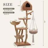 UYMI Modern Cat Tree for Indoor Cats Large Adult, 71" Tall Cat Tower with Solid Wood Scratching Posts, Swing Hammock, Large Platform & Cat Condo, 2 Woven Basket, Boho Luxury Pet Furniture, Brown