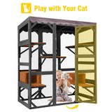 Wooden Catio Outdoor Cat Enclosure — Large Walk-in Kitty Condo with 7 Climbing Platforms, 2 Napping Houses, Expandable Window Panel & Weatherproof Asphalt Roof (Black, Large)