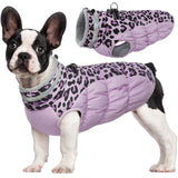 FUAMEY Dog Coat for Small Dogs,Waterproof Dog Winter Jacket with Harness Built in Puppy Cold Weather Coats Reflective Pet Vest with Zipper Warm Fleece Dogs Snowsuit Windproof Purple Leopard XS