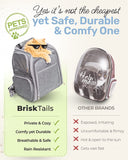 Pet carrier with a cat inside, labeled 'BriskTails', on a green background with text highlighting features and comparisons to other brands.