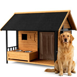 BuddyManor 51'' Dog House with Dog Bowls Stand, Large Outdoor Dog House Kennel with Weatherproof Roof, Easy to Install Anti-Bite Design Dog Home for Outside Small Medium Large Dogs(Brown)