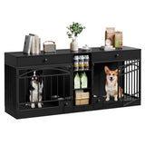 GarveeHome Dog Crate Furniture for 2 Dogs, Dog Kennel Indoor with Storage and Feeding Bowls, Double Dog Crate TV Stand for Small Medium Dogs, Black