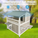 Gowoodhut Feral Cat Shelter Outdoor Weatherproof Houses for Cats Two Story Wooden Cat House Outside Feral Cat House with Balcony Waterproof, Escape Doors