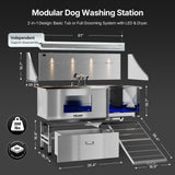POLIMO Dog Washing Station with LED Display 61" (Right Ramp), 304 Stainless Steel Dog Bathtub for Large, Medium & Small Dogs, Professional Grooming Tub with Faucet, Storage Drawer, Floor Grate, Window