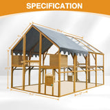 KEIKI 110"L Outdoor Large Chicken Coop with Waterproof Cover, Roosting Platform, Wire Mesh & 2 Lift Small Doors with Locks, Wood Chicken Coop House with Run for Cat Kitten Playpen, Duck, Rabbit, Quail