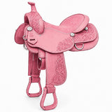 Handmade Black Leather Western Horse Saddle, Floral Tooled Equestrian Tack with Silver Conchos & Stirrups, Trail Riding Ranch Saddle (Pink, 12 inches)