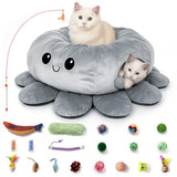VIEFIN Cat Tunnel Bed for Indoor Cats, Peekaboo Cat Cave Bed with 20 Pcs Cat Toys, Soft Cat Donut Tunnel for Kitten Large Cats, Grey Octopus