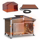 GUTINNEEN Large Heated Dog House Insulated Outdoor Weatherproof Dog Kennel with Safe Heating Pad, Chew-Proof Metal Frame, Rotatable Spill-Proof Bowl for Medium to Large Dog Breeds (Light Brown)
