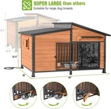 GUTINNEEN Extra Large 60" Heated Dog House Outdoor Insulated Dog Kennel with Safe Heated Pad, Chew-Proof Metal Frame and Rotating Food Bowl for Large Dog Breeds, 60" L x 36" W x35.4 H (Brown)