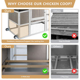 PetsCosset Chicken Coop with Run, Mobile Hen House with Wheels, Indoor/Outdoor Rabbit Hutch, Predator-Resistant, Nesting Box, 3 Perches, Tray, Combinable Design, for Chickens and Bunnies, Grey