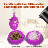 Collapsible Dog Bowls, 2-in-1 Silicone Pet Food and Water Bowl with Carabiner, Portable Double Compartment Dish for Travel, Camping, Hiking Puppy Essentials (Purple)