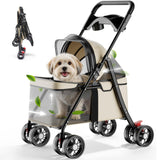 GTPLAYER Foldable Pet Stroller for Small Dogs and Cats, Holds Up to 33 lb, 4-Wheel Stroller with 2 Safety Tethers, Breathable Mesh, Lockable Front Wheels, Cup Holder/Tray & Storage Pocket, Beige